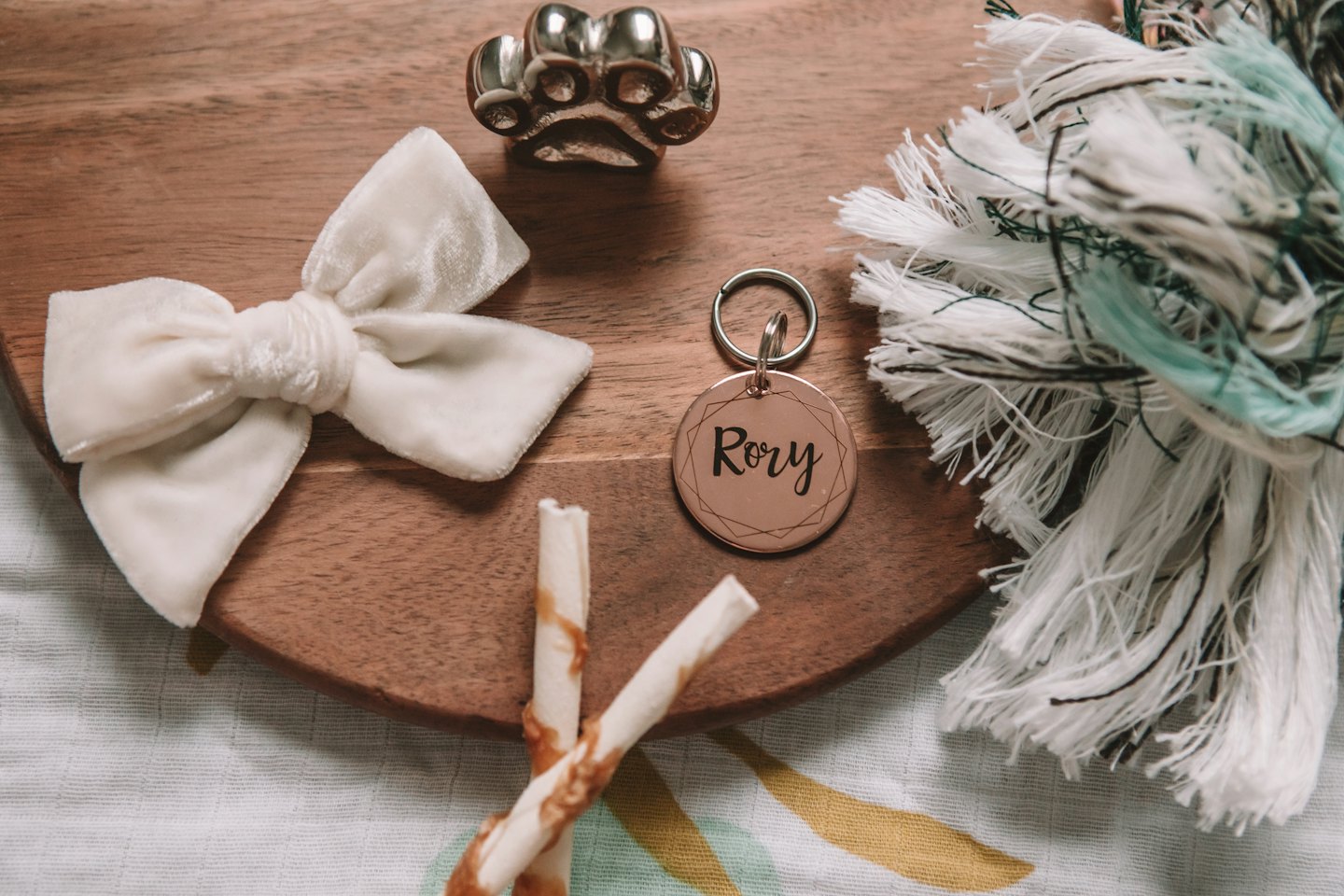 Pet accessories arranged on a circular wooden display board.