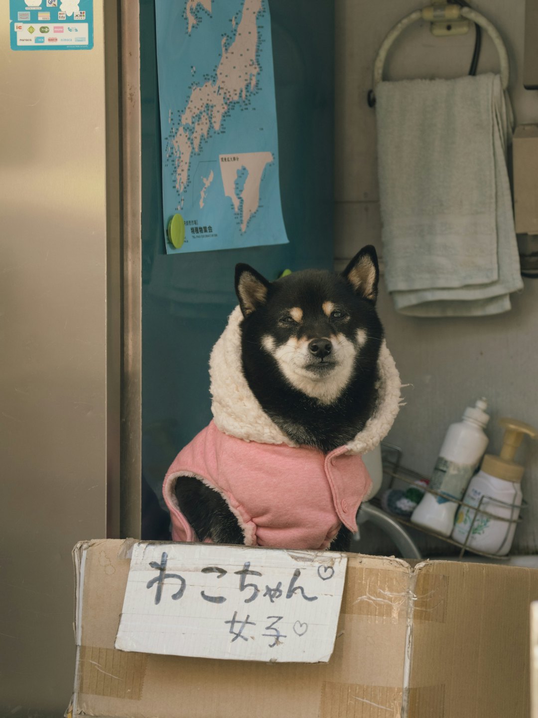 A black Shiba Inu wearing a pink jacket peeks from a box.